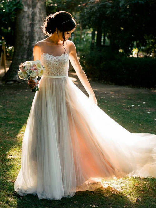 A-line Sweetheart Brush Train Tulle Lace Bridal Dress