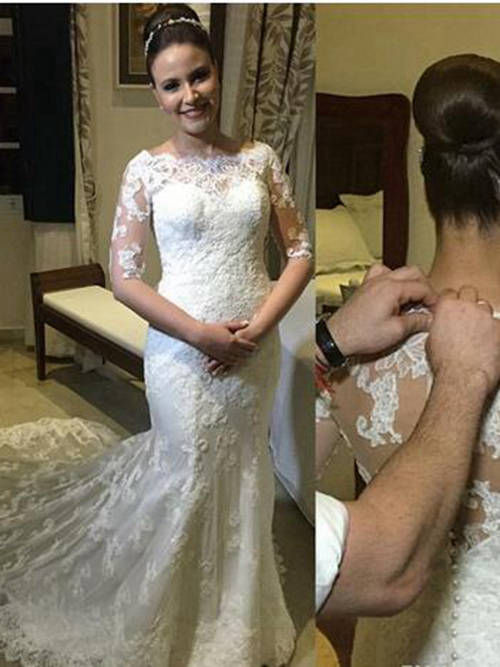 Mermaid Bateau Court Train Lace Sleeves Wedding Dress