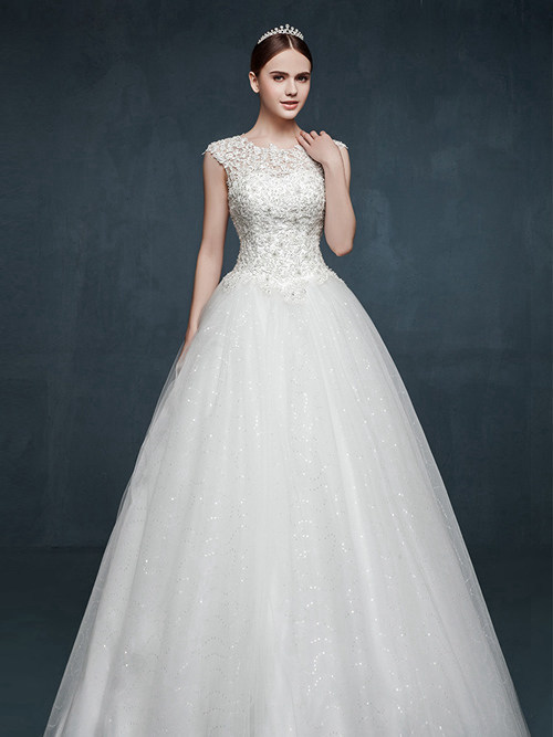 A-line Scoop Floor Length Organza Lace Wedding Wear