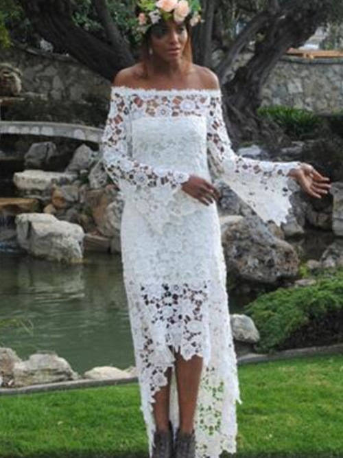 Sheath Off Shoulder High Low Lace Sleeves Wedding Gown