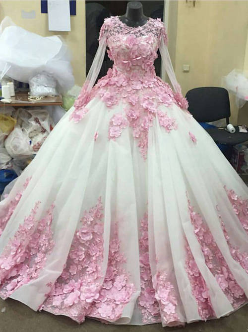 A-line Jewel Brush Train Chiffon Sleeves Wedding Gown Applique