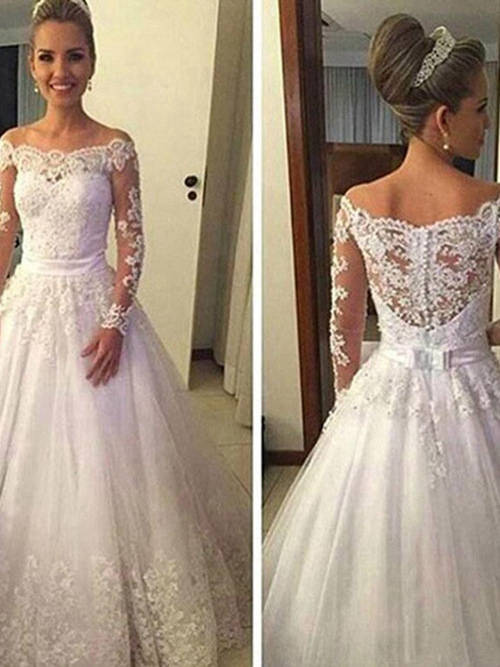 A-line Off Shoulder Brush Train Tulle Lace Sleeves Wedding Dress