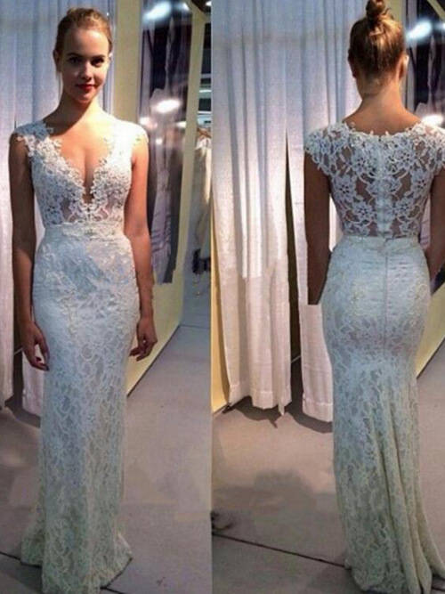 Sheath V Neck Floor Length Lace Wedding Dress