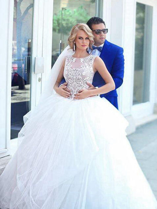 Princess Jewel Floor Length Tulle Lace Wedding Dress