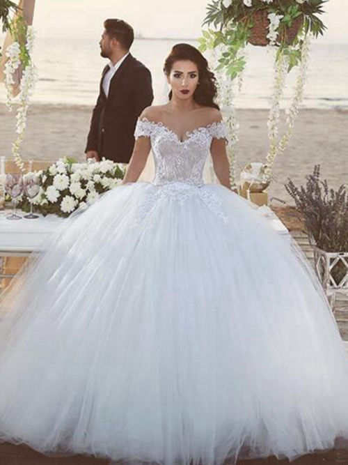 Ball Gown Off Shoulder Floor Length Tulle Lace Wedding Wear