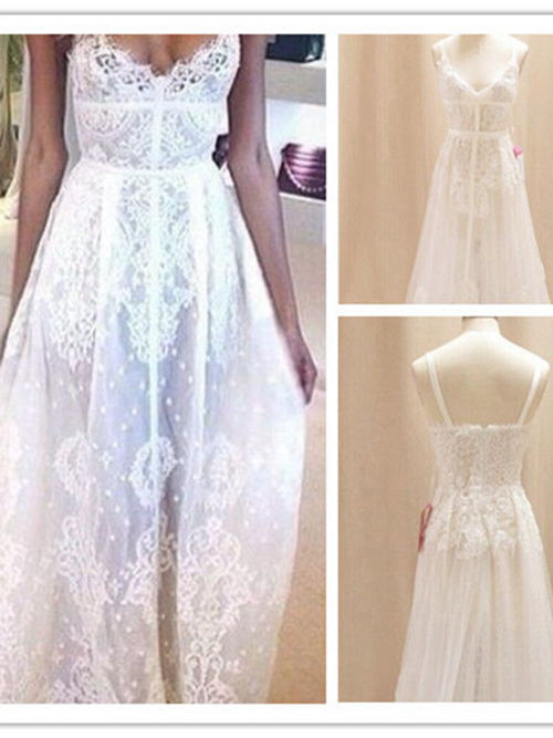 A-line V Neck Floor Length Lace Tulle Bridal Dress