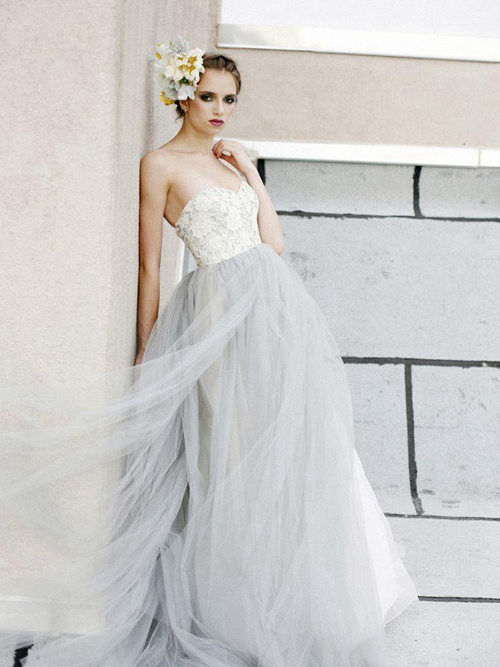 A-line Sweetheart Sweep Train Tulle Lace Bridal Dress