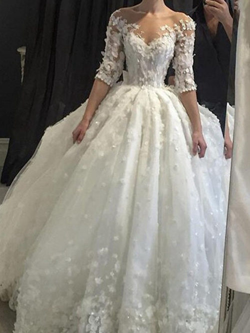 Ball Gown V Neck Sweep Train Organza Sleeves Bridal Wear Appliqu