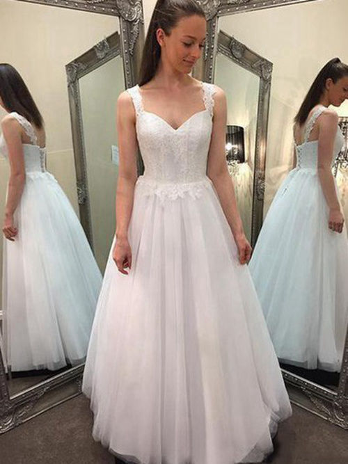 A-line Straps Floor Length Tulle Lace Wedding Dress