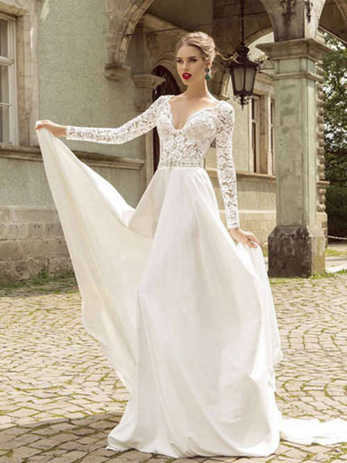 A-line V Neck Long Sleeves Lace Chiffon Bridal Wear