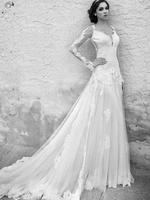A-line V Neck Long Sleeves Tulle Lace Wedding Wear