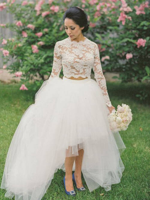 A-line Jewel Tulle Lace Long Sleeves Wedding Dress