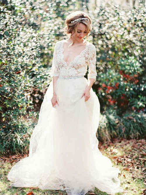 A-line V Neck 1/2 Sleeves Lace Tulle Bridal Dress