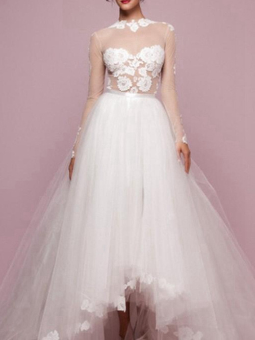 A-line V Neck Long Sleeves Tulle Wedding Gown Applique