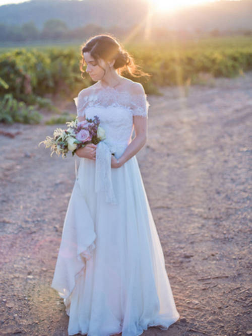 A-line Off Shoulder Floor Length Chiffon Lace Wedding Wear