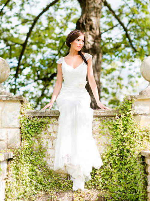 A-line V Neck Long Chiffon Lace Wedding Gown