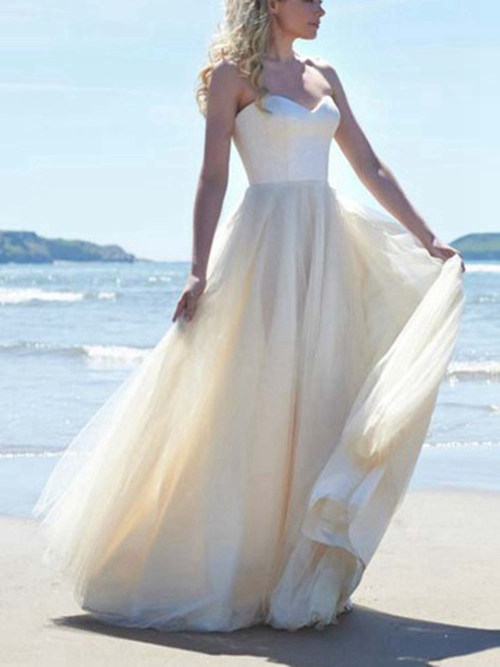 A-line Sweetheart Floor Length Tulle Beach Bridal Wear