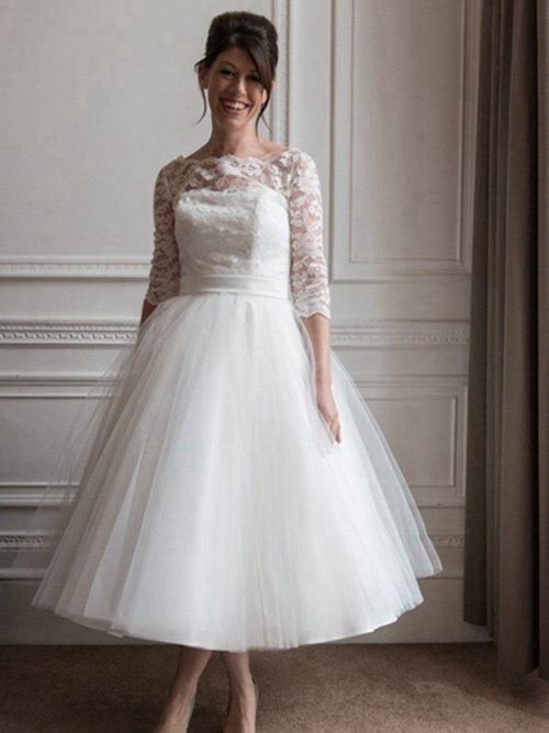 Princess Bateau Tea Length Organza Lace Sleeves Wedding Wear