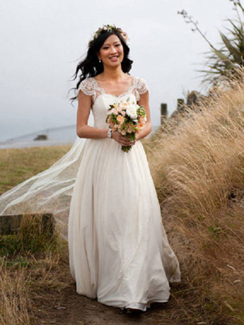 A-line Straps Floor Length Chiffon Lace Wedding Wear