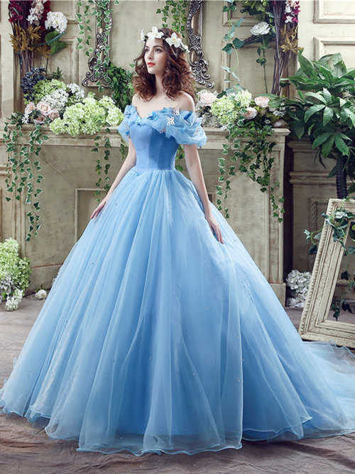 A-line Off Shoulder Sweep Train Tulle Cinderella Bridal Dress