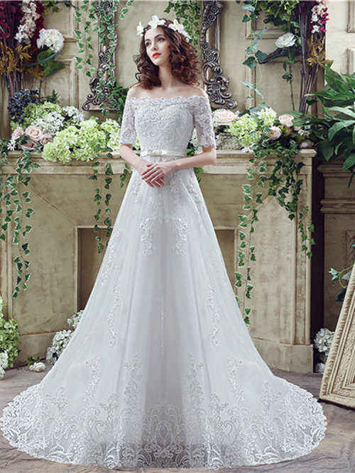 A-line Off Shoulder Sweep Train Lace Sleeves Bridal Wear