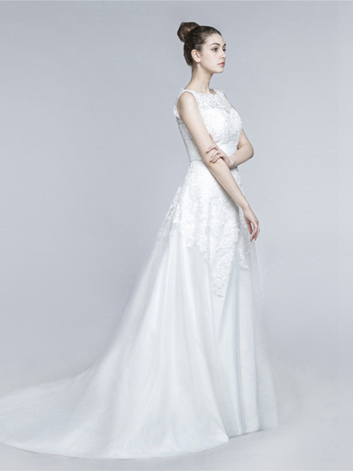 A-line Jewel Brush Train Organza Lace Bridal Wear