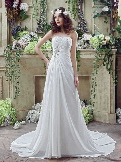 A-line Strapless Brush Train Chiffon Bridal Gown Beads
