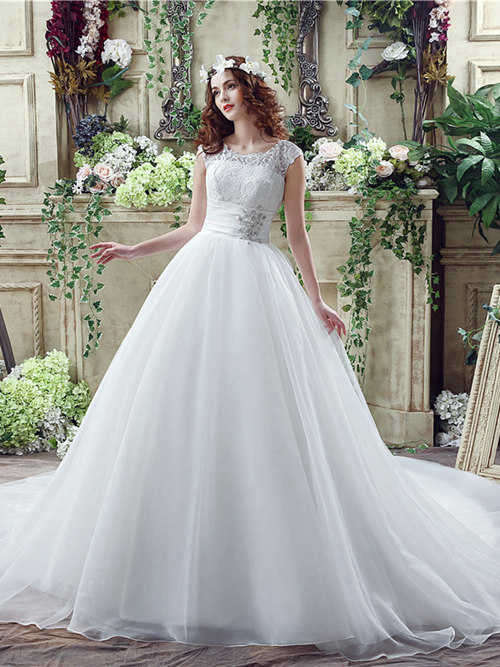 A-line Scoop Court Train Lace Chiffon Wedding Gown Beads