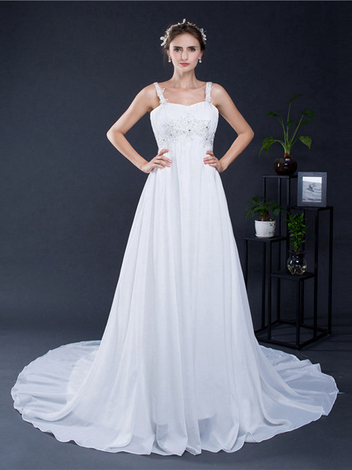 A-line Straps Court Train Chiffon Bridal Dress Applique