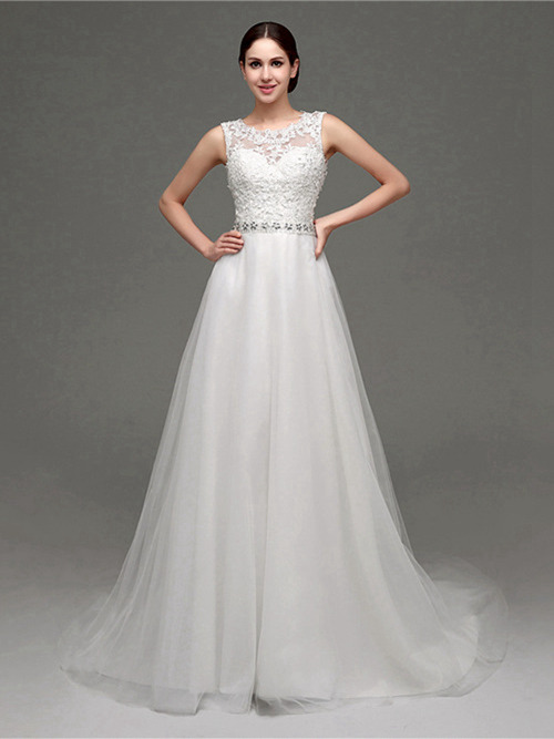 A-line Scoop Brush Train Lace Tulle Bridal Wear Beads