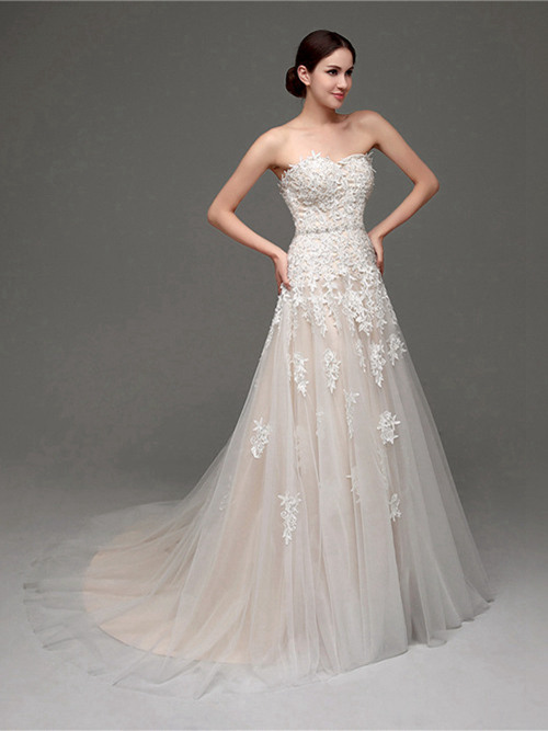 A-line Sweetheart Sweep Train Tulle Bridal Gown Applique