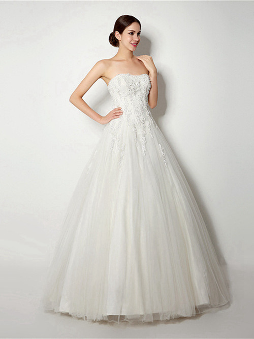 A-line Strapless Floor Length Tulle Bridal Gown Applique