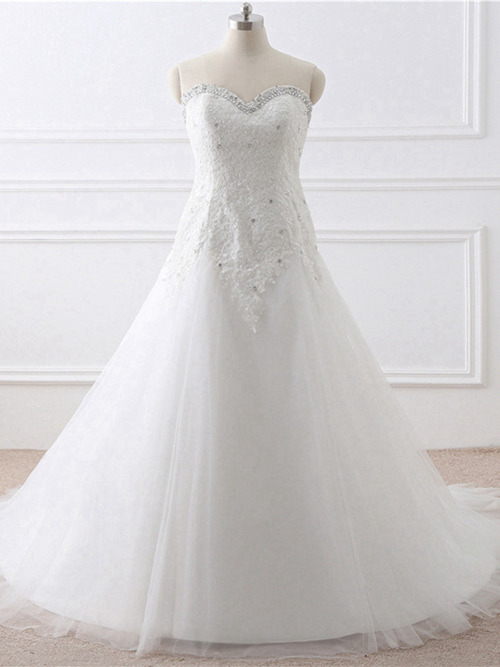 A-line Sweetheart Brush Train Lace Tulle Wedding Dress Beads