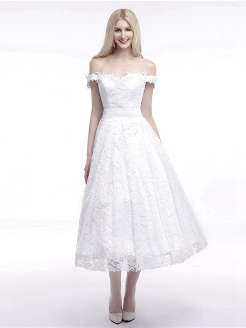 A-line Off Shoulder Tea Length Lace Bridal Dress