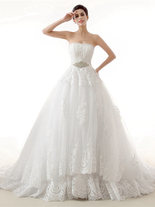 A-line Strapless Sweep Train Lace Wedding Wear Beads