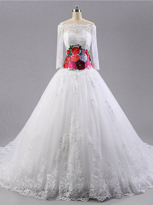 A-line Off Shoulder Lace Sleeves Bridal Wear Embrodiery
