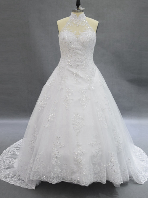A-line High Neck Sweep Train Lace Wedding Wear Sequins
