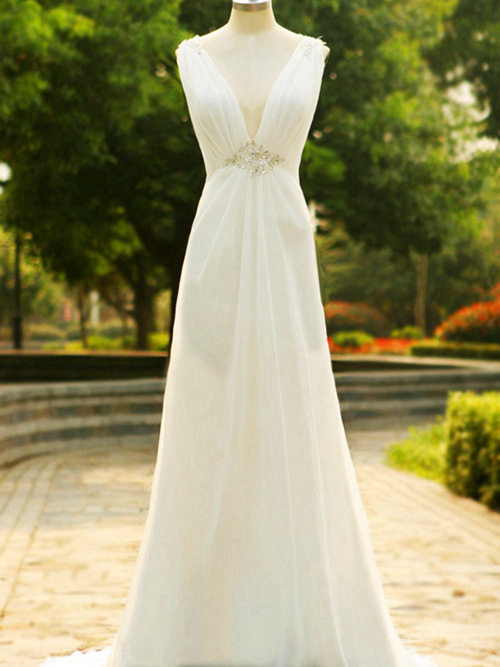 A-line V Neck Sweep Train Chiffon Bridal Gown Beads