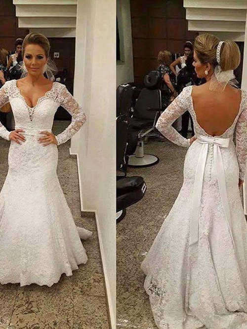 Mermaid V Neck Sweep Train Lace Sleeves Bridal Dress