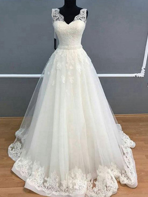 A-line V Neck Sweep Train Lace Tulle Bridal Gown