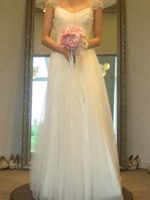 A-line Straps Floor Length Tulle Wedding Dress Beads