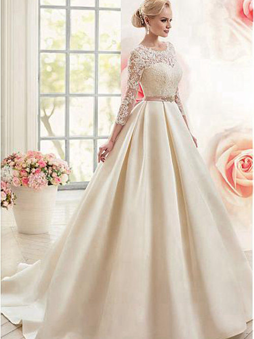 A-line Scoop Sweep Train Satin Lace Sleeves Wedding Gown