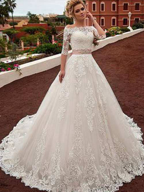 A-line Off Shoulder Brush Train Lace Sleeves Bridal Gown