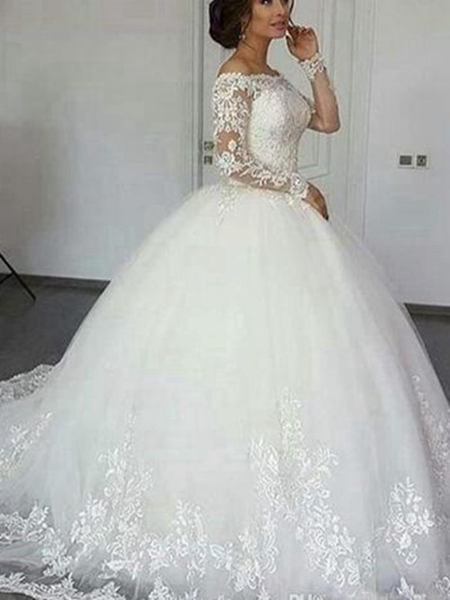 Ball Gown Off Shoulder Organza Lace Sleeves Bridal Wear
