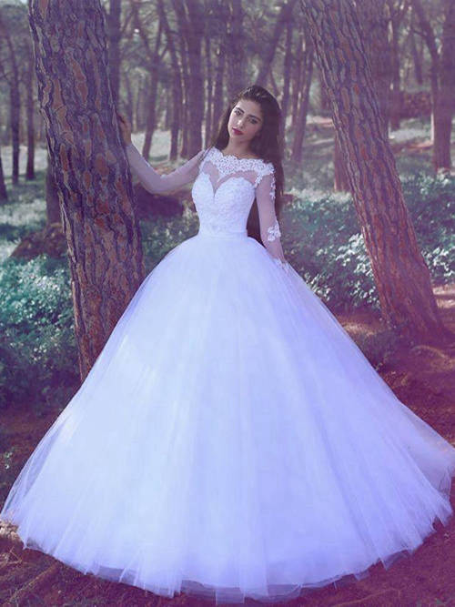 A-line Sheer Sweep Train Lace Tulle Sleeves Bridal Gown