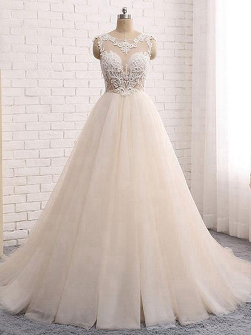 A-line Sheer Sweep Train Tulle Lace Wedding Dress