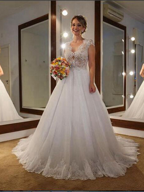A-line V Neck Court Train Tulle Lace Bridal Dress