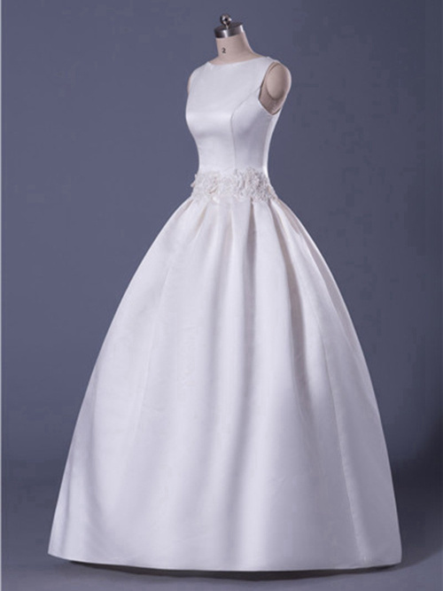 A-line Bateau Floor Length Satin Bridal Wear Applique