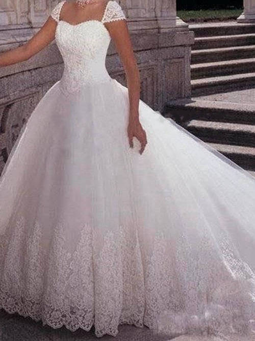 A-line Straps Court Train Organza Lace Bridal Dress