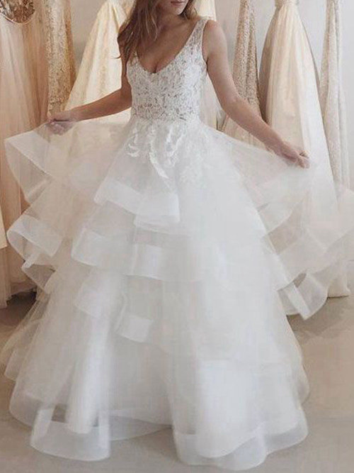 A-line V Neck Floor Length Organza Lace Wedding Dress